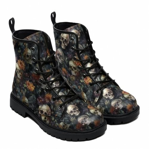 Maimeili Women Printed Ankle Boots with Flowers Rose Skull Stylish Colorful Casual Platform Leather Combat Floral Booties Travel Everyday Party Halloween Christmas