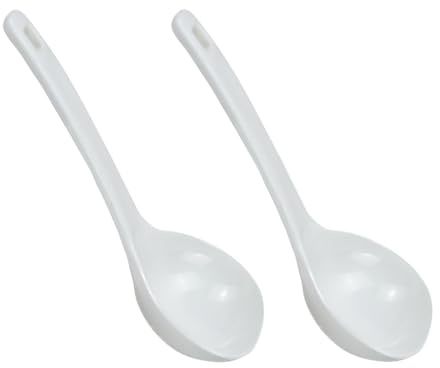 FSSTUD 2 mestoli da zuppa in plastica bianca resistenti al calore, cucchiai da cucina per brodo, salsa, salsa, mestoli con manico lungo, utensili da cucina eleganti per succhi di frutta liquidi