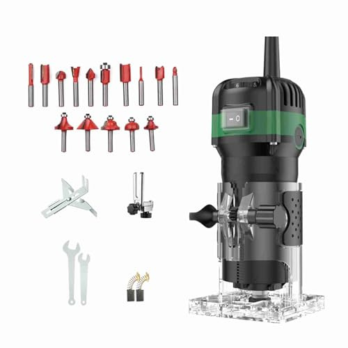 Luocute Fresatrice Compatta per Palme da 800 W, Taglierina Manuale Elettrica per la Lavorazione del Legno con Controllo della velocità Variabile e Punte per Fresa da (Spina UE e con frese da 15 pezzi)