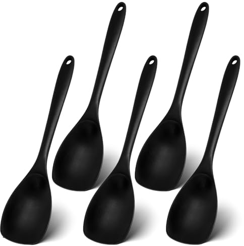 5 Piezas Cuchara Silicona Cocina, 27,5 cm, Negro, para Girar, Revolver | Resistente al Calor hasta 210 °C, Cuchara de Mezcla de Silicona Antiadherente, para Servir, Fácil Limpiar, Lavavajillas