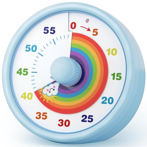 SIMQELLI Minuteur Visuel Timer Enfant 60 Min, Compte à Rebours, Bleu | Gestion du Temps Timer Visuel Avec Disque Arc-en-Ciel, Mode Silencieux ou Alarme Idéal pour L'École, les Devoirs et la Maison