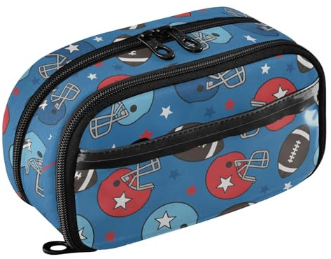 ISAOA Astuccio portapenne con casco da football americano con stella del football americano, in PVC trasparente, impermeabile, con cerniera, organizer con divisore in PE, grande capacità, per scuola e