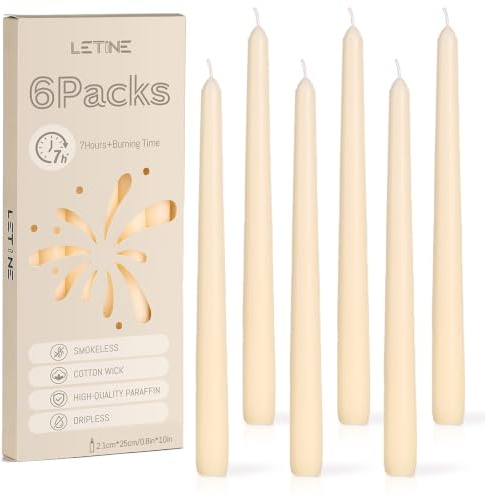 6 Pack Tapered Dinner Candles, 7-8 Hour Candlestick Long Burning (25cm) | Unscented Dripless White Smokeless Taper Candles for Gift Set, Dinner, Church, Table and Home Decoration