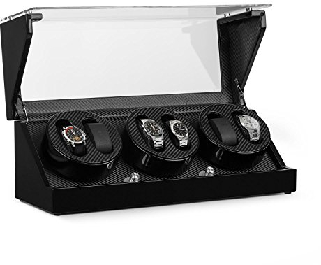 KLARSTEIN CAPM - Estuche Vitrina para Relojes, Bobinadora, Ventana acrílica, Carcasa lacada, Hecha a Mano, Aspecto Fibra de Carbono, 4 programas de rotación, 3 bobinas para 6 Relojes, Negro