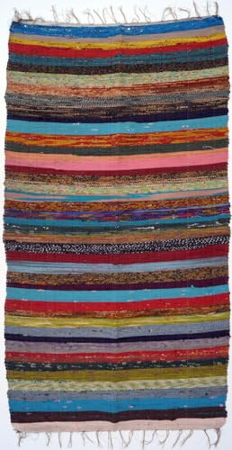 Derber Flickenteppich, Patchworkteppich aus 100% Baumwolle, mix-bunt | Recycelte Baumwollreste, einzigartiges Design, nicht waschmaschinengeeignet, 180x95 cm