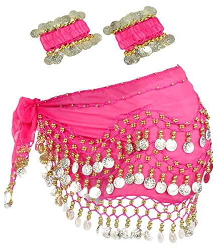 Morices Belly Dance Hip Scarf with Bracelets, Chiffon Belly Dance Scarf Wrap Belt Sash Skirt with Gold Coins for Performance Costume Belly Dance Yoga Class
