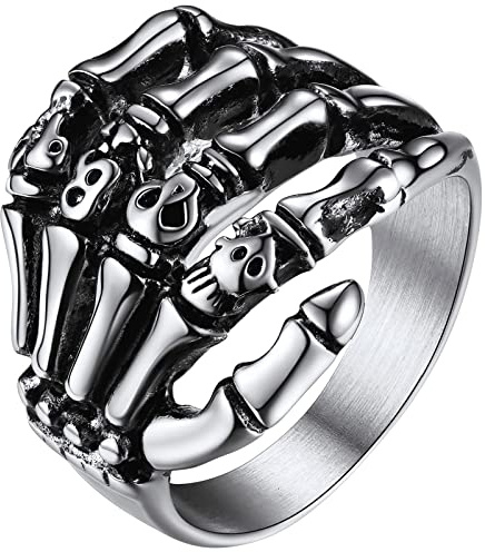 JewelryWe Schmuck Biker Herren-Ring Gotik Punk Totenkopf Schädel Skull Skelett Hand Edelstahl Ring Band mit Gravur Silber Größe 54 bis 76