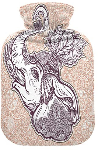 YOUJUNER Hot Water Bottle with Ethnic Elephant Print Cover 2 Litre Large Hot Water Bag Warm Comfort Hand Feet Warmer
