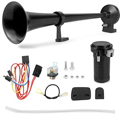 QWORK® 12V 125db Air Horn Super Loud 45cm Single Trumpet Truck Air Horn with Compressor for All 12V Vehicles Lorries Cars Trains Boats (Black)
