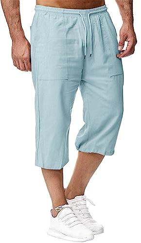 Sprifloral Mens Linen Shorts 3/4 Length Pants with Pockets Drawstring | Lightweight,Comfortable,Loose Fit,Casual Summer Trousers,Beach Vacation Shorts,Yoga Joggers,S-5XL