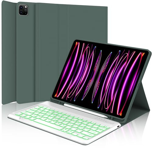 WINCHKING Teclado para iPad Pro 12.9, Funda con Teclado para iPad Pro 12.9, Funda Teclado QWERTY Bluetooth Magnética Retroiluminada para iPad Pro 12.9 Pulgadas 6/5/4/3 Generación, Verde Oscuro