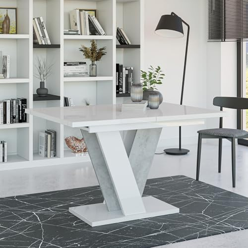 PROROOM FURNITURE NEVI Ausziehbarer Esszimmertisch 120-160x90 cm Rechteckiger Küchentisch Weiß Hochglanz Betonoptik
