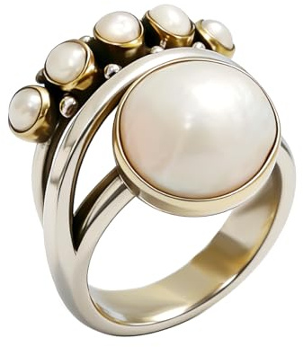Unique Vintage 10 mm Simulated Pearl Ring for Women Fake 3-Piece Ring Set 3 Layers Interlocking Ring Interlocked Line with Stacking Rings Wedding Band Statement Cocktail, 7#, Silver, Pearl