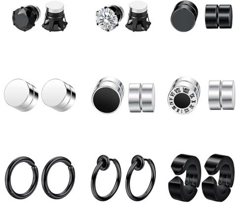 Flongo Magnetörhängen för män set: 9 par magnetiska örhängen för män svart silver falsk plugg tunnel platta öronsmycken non-piercing kubisk zirkonia örhängen för kvinnor kvinnor pojkar öronpiercing