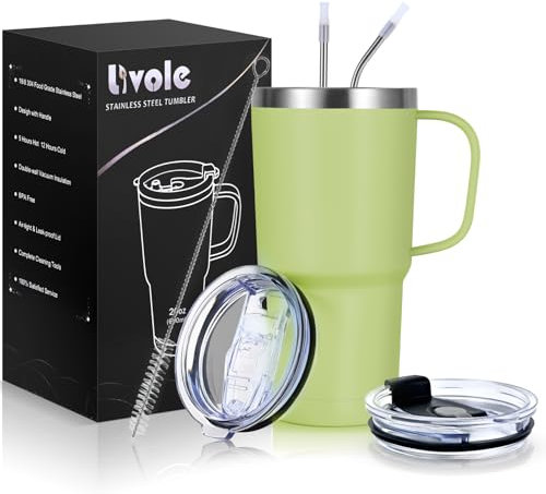 Livole Gobelet isotherme de 600 ml, avec anse, gobelet à café isotherme, en acier inoxydable, avec paille et couvercle, double paroi - 20 oz - Pour le voyage - Pour café à emporter - Vert clair