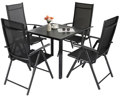 5 delar Aluminium Trädgårdsmöbelset, balkongmöbelset med metall fyrkantigt bord och 4 justerbara fällbara stolar, sittgrupp trädgårdsset, väderbeständiga möbler för balkong/terrass/trädgård, svart