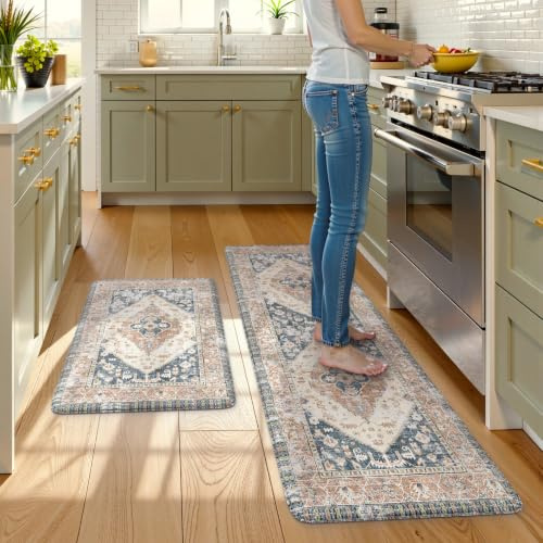 KIMODE Anti-Müdigkeit-Küchenmatten für Boden, Boho-Küchenteppiche, rutschfest, wasserdicht, Küchen-Bodenmatte, ergonomisch gepolsterte Stehmatte für Waschbecken, Waschküche, Schreibtisch, Blau