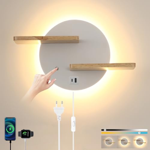KZT Wandleuchte mit USB Ladeanschluss, Touch Control Wandlampe Dimmbar Leselampe Wandmontage mit Stecker und Kabel 15W Nachttischlampe, Wandbeleuchtung für Schlafzimmer Wohnzimmer Kinderzimmer, Weiße