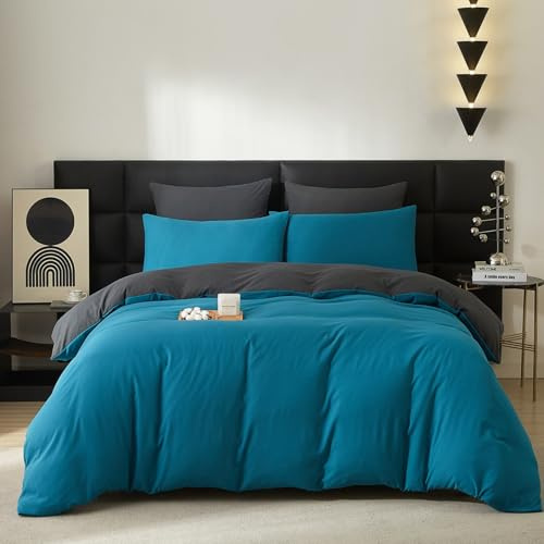 Gezu Baumwolle Bettwäsche Blau Grau Petrol 200x200cm 3 Teilig Baumwolle Atmungsaktiv Weich Fein Bettwäsche Set Wende Bettwäsche Bettbezug 200x200 cm und Kissenbezug 80x80 cm mit Reissverschluss