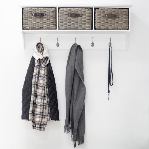 Tetbury Wall Mounted Coat Rack with Storage Baskets | Hanging Shelf 4-5 Double Hooks, Washable Baskets | Fully Assembled Hallway Furniture (white-grey baskets, large)