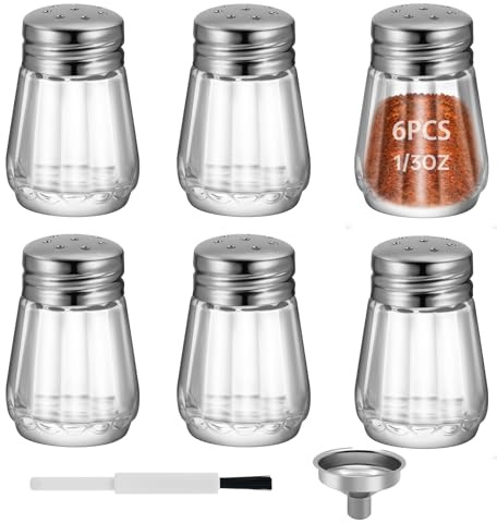0.3 OZ Mini Salt and Pepper Shakers 6 Pcs - Small Mini Salt Shaker Clear Seasoning Shakers Tiny Glass Spice Containers, Portable Small Seasonging Jars for kitchen, Picnic (Silver)