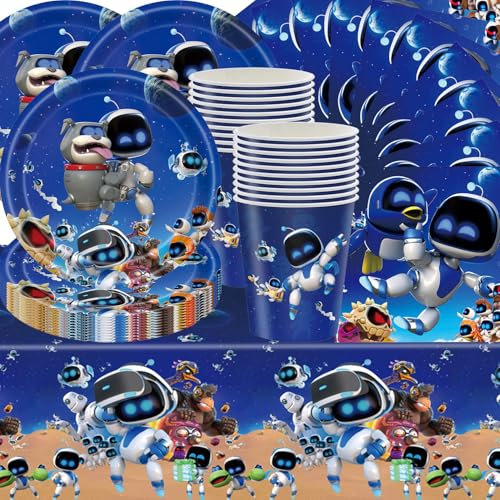 Shamoparty - Vaisselle de fête Cosmic Robot, 61 pièces, Bleu foncé céleste, Assiettes, Gobelets, Serviettes, Nappe pour 20 anniversaires d'enfants