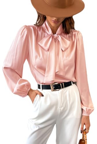 CUPSHE Blusa de satén para mujer, con lazo, manga larga, cuello alto, brillante, para el trabajo, estilo casual, rosa, XL