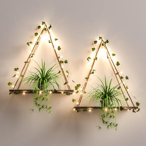 Juego de 2 estantes colgantes de pared con tiras LED de hiedra artificial, estante de macramé para dormitorio, baño, sala de estar, cocina, estantes colgantes de madera para plantas para decoración de
