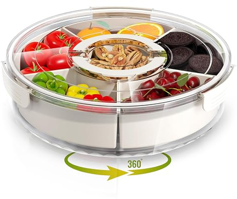 MARSAI Divided Snackbox with Round compartments, 6 Removable compartments Snacks Box Serving Tray, Snack Box Container with lid and Handle, Portable Snack Box for Fruits, Parties & Travel(1Pc)