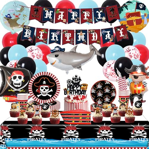Piraten Deko Kindergeburtstag Partygeschirr Set - Pirate Geschirr Pappteller Becher Servietten Strohhalme, Piratenschiff Folienballon und Happy Birthday Girlande für Geburtstagsdeko