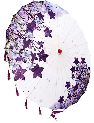 CTIRCHIU Vintage Silk Umbrella with Smooth Polished Wooden Handle for Wedding Party Decoration and Acting, Classic Chinese Photography Umbrella, Retro Style Silk Cloth Parasol for Summer