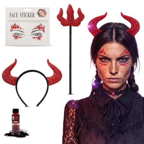 Festicy Teufel Haarreif Set I rote gebogene Halloween Teufelshörner mit 25 ml Fake Blut, Teufel Dreizack und Gesicht Sticker I für Teufel Kostüm Damen, Teufel Kostüm Kinder, Herren