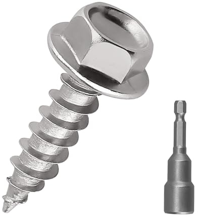 12 x 3/4 Hex Flange Head Wood Screws, 410 Stainless Steel Self Tapping Screws, Hex Bit Included (50-Pack)
