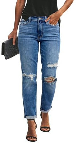 KUNMI Women's Ripped Mid Waisted Boyfriend Jeans Loose Fit Distressed Stretchy Denim Pants