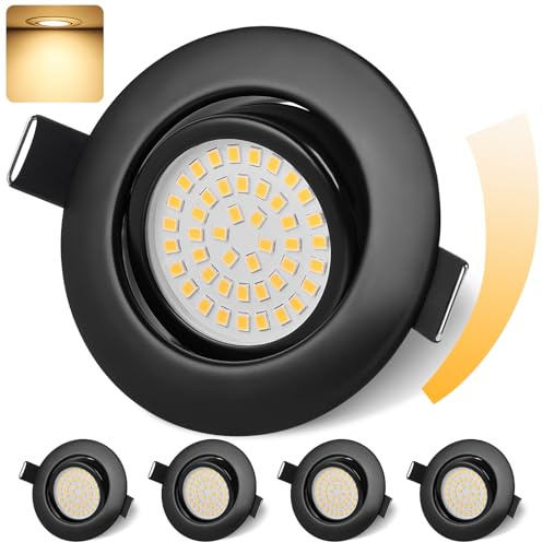 GeyouLux LED Einbaustrahler 230V Dimmbar 68mm 6W IP44 LED Spots 4er set | 45° Schwenkbar 3000K Warmweiß Deckenspots für Badezimmer Küche Wohnzimmer Einbauspots Flach Einbauleuchten Schwarz
