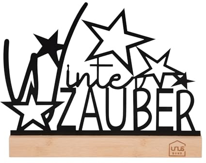 UNUS Aufsteller Winterzauber mit Sternen Winterdeko aus Metall 26x19,5 cm | mit Bambusfuß in Schwarz oder Weiß stilvolle Deko für Tisch, Regal oder Fensterbank
