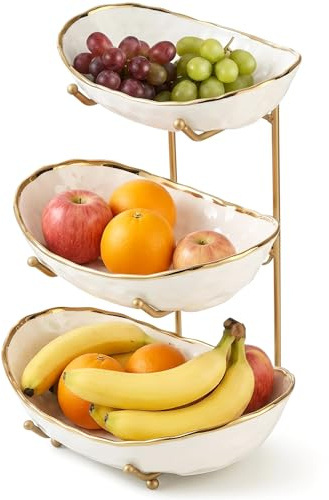 OUAYEMEL Frutero de cerámica con soporte de metal, cuenco de frutas de 3 niveles para encimera de cocina, fiesta en casa, cesta de frutas escalonada para aperitivos, almacenamiento de pan, blanco y