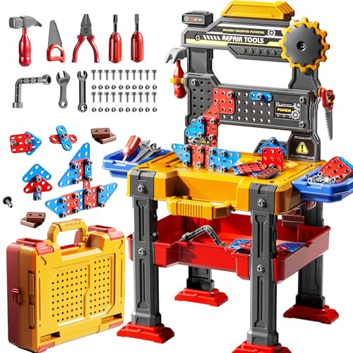 DULONIME 2 in 1 Workbench Tools Toys Set with Sound for Toddlers Aged 3-5, 145 PCS Educational Construction Mechanic Toolbox for Boys Girls, Pretend Play Toys Birthday Gift for Kids 3 4 5 6 Years Old