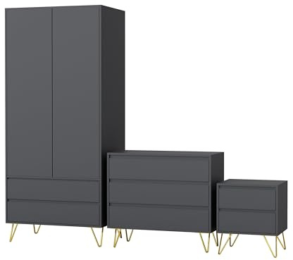 Nera Bedroom Furniture Set 3 Piece Wardrobe with Drawers Chest of Drawers Bedside Table Set with Metal Legs (Grey)