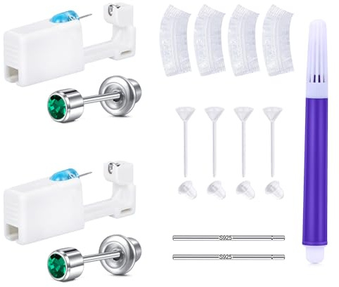 LAURITAMI 2 stycken öronhålsstickset, öronhålspistol med färgade 3 mm 4 mm CZ-örhängesstift, sterila öronhål, gör-det-själv-piercning för hemmabruk, 3 mm/4 mm, Rostfritt stål