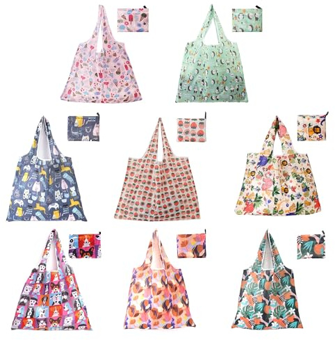 LZLINGMEI 8Pcs Foldable Reusable Shopping Bags, Waterproof Large Tote Shop Bag, Washable Grocery Bags Foldable in Pouch for Daily Groceries, Travel, Outdoors Storage