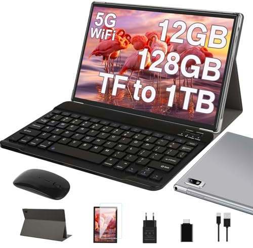 2026 Latest Tablette Tactile 10 Pouces Android 13 OS,12GB RAM+128GB ROM/TF 1TB | 5G WiFi | 8 Cœurs | 2.0 GHz | GMS Certified | Widgets | Parental Controls | Tablette avec étui, clavier et souris-Gris