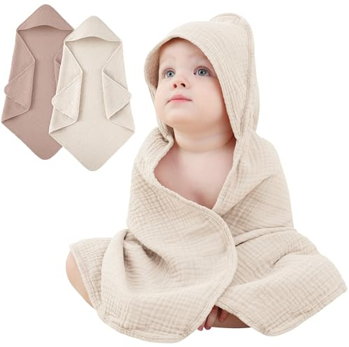 Susurration Baby Handtuch Kapuze für Badezimmer,4-Lagiges Kapuzenhandtuch Baby 2er-Pack, Musselin Baumwolle Baby Handtuch Kapuze, Weiche und Saugfähige Babyhandtuch mit Kapuze (Misha)