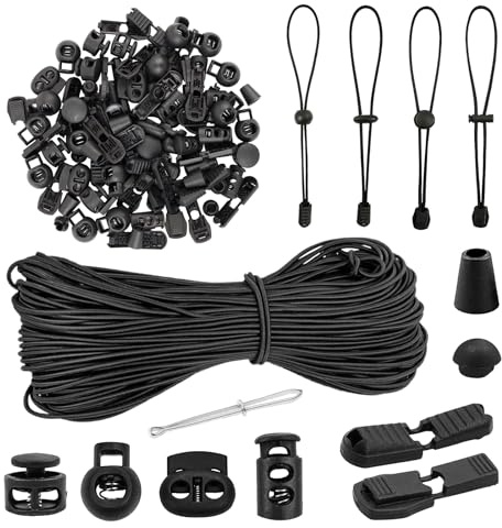 Corda Elastica in Gomma 3mm X 35m Corde Elastiche Nero con 50 Fermacorda + 50 Chiusura a Cordoncino Rotonda Alta Elasticità Cordino per Teloni, Tende, Trasporto, Lacci,zaino
