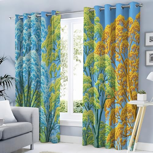 GDJSMIN Blackout Curtains 54 Inch Length 2 Panels Set,Forest Linoleum Print Curtain Drapes for Living Room, Thermal Insulated Grommet Window Curtains for Bedroom - Tall Trees in Autumn,Blue