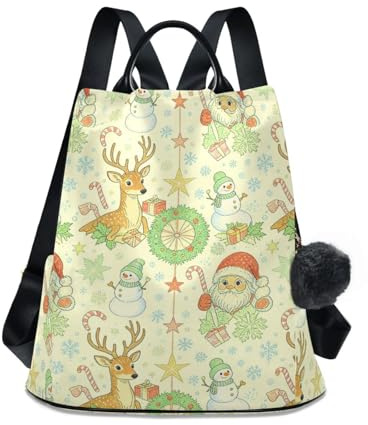 KLL Weihnachtsmann und Rentier, modischer Rucksack, Mehrzweck-Reiserucksack für Damen, für Reisen, Arbeit, Alltag, mit Pompon-Schlüsselanhänger
