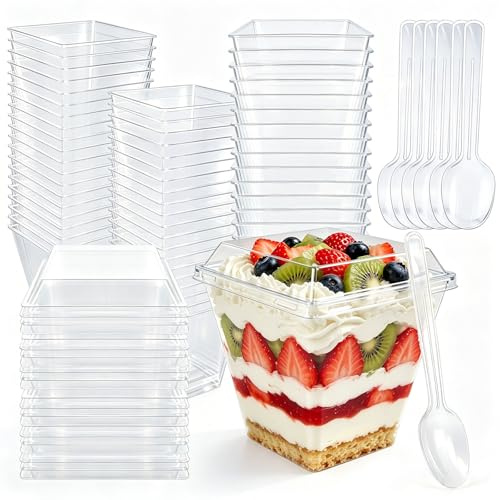 50 Stück Dessertgläser Plastik 8oz/240ml Dessertschalen Quadratischer | Dessertbecher Plastik Wiederverwendbar für Pudding, Eiscreme, Picknicks, Partys und Desserts für die ganze Familie（7x7cm）