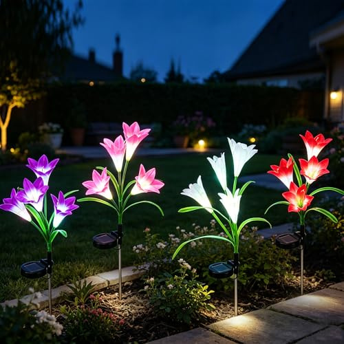 Innvist Solar Flower Lights Outdoor Garden, 4 Pack Solar Lily Flower Lights, IP65 Waterproof 7-Color Changing Garden Ornaments Outdoor for Lawn Patio Porch Yard Pathway Cemetery Decoration