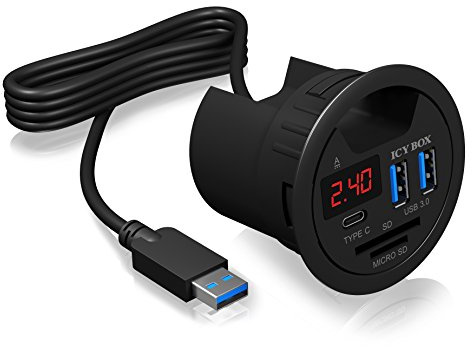 ICY BOX 60124 USB Tisch Hub zum Einbau, 60 mm, USB 3 Hub, USB-C, Ladefunktion, Kartenleser, Display mit Netzteil