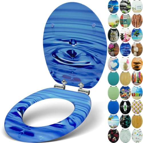 Sanfino® Premio Sedile WC ammortizzato - Copriwater Universale di alta qualità in legno, tanti motivi colorati, seduta comoda, facile da montare con istruzioni di montaggio incluse - Waterdrop